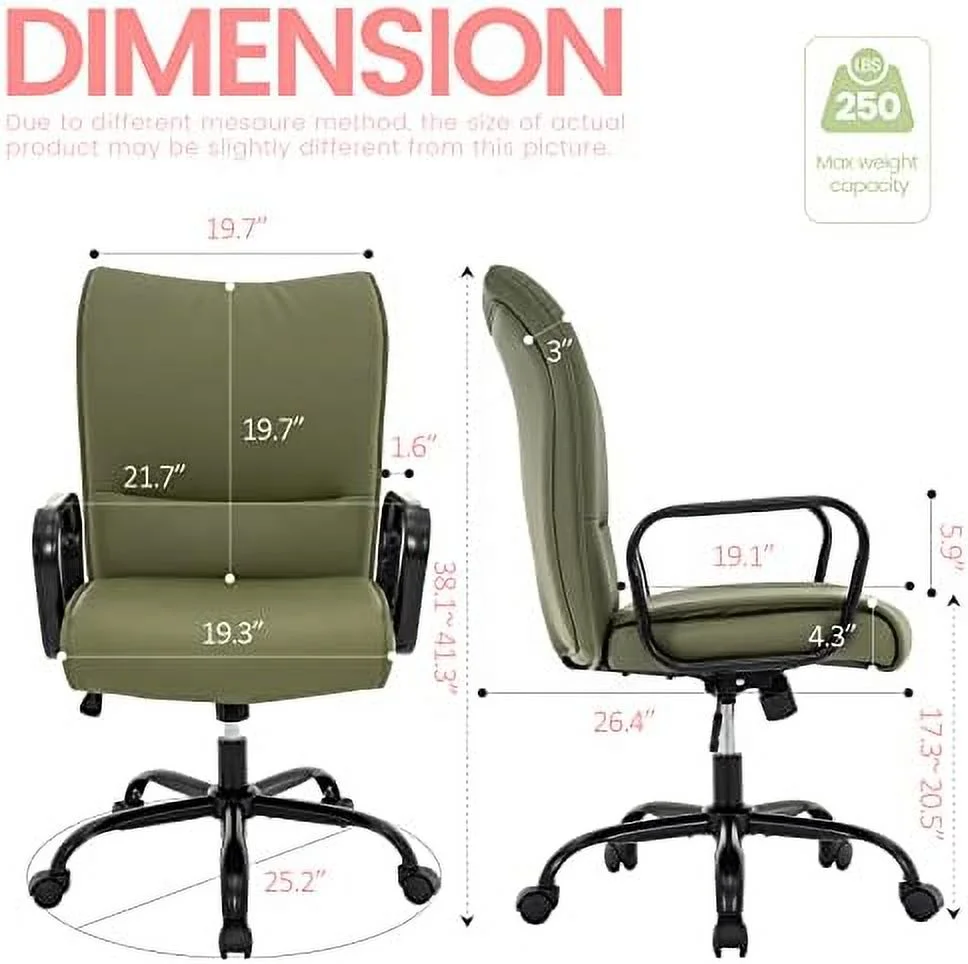 Office Chair  Modern Upholstered Mid-Back PU Leather Task Desk Chair with Arms  Adjustable Rocking Swivel Computer Chair with Wheels (Olive Green  Black Base)