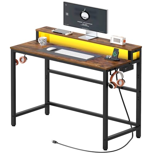 Computer Desk with Charging Station and LED Lights, Gaming Desk with Monitor Stand, 2-Tier Home Office Desk with 4 Side Hooks, for Living Room, Home Office, Black DN01UDBBY1