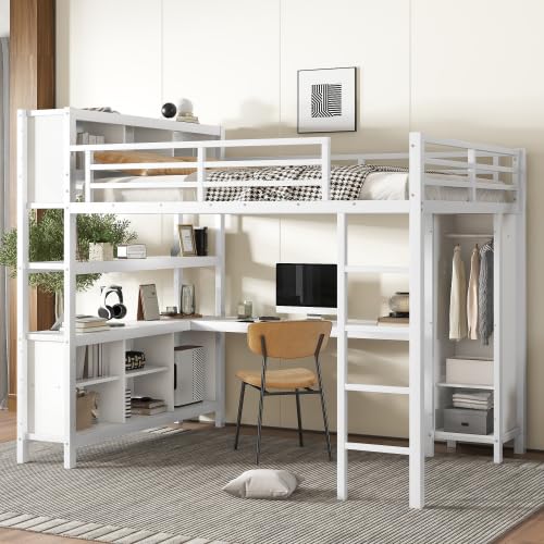 Metal Loft Bed with Wardrobe and L-Shaped Desk, Full Size Loft Bed with Storage Cubes and Shelves, Heavy Duty Loft Bed for Kids Teens, White