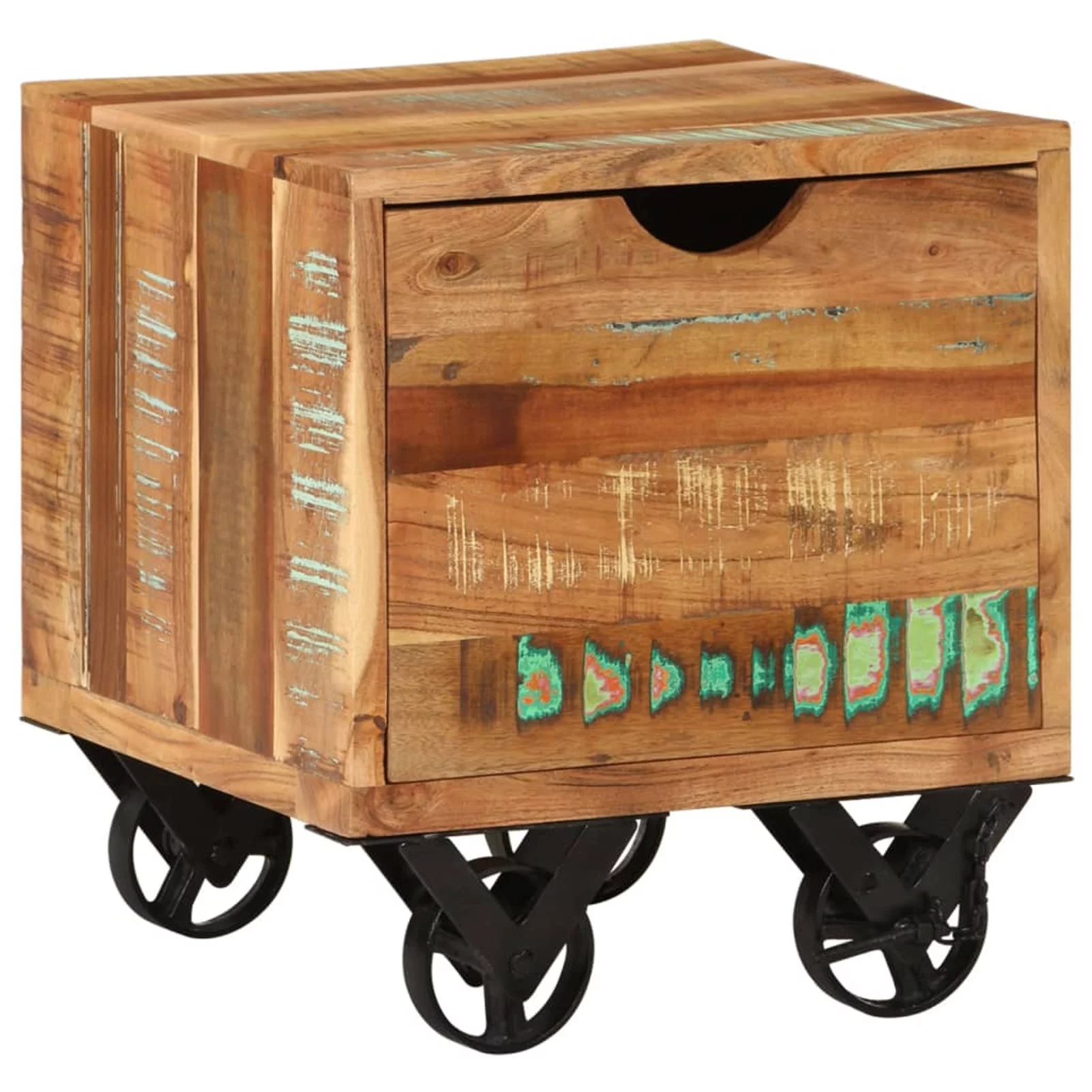 moobody Side Table with Storage Drawer and Wheels Reclaimed Wood Sofa and Couch End Table for Living Room, Bedroom, Home Furniture 15.7 x 15.7 x 17.7 Inches (L x W x H)