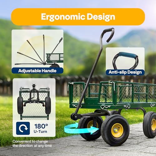 VIVOHOME Heavy Duty 880 Lbs Capacity Mesh Steel Garden Cart Folding Utility Wagon with Removable Sides and 4.10/3.50-4