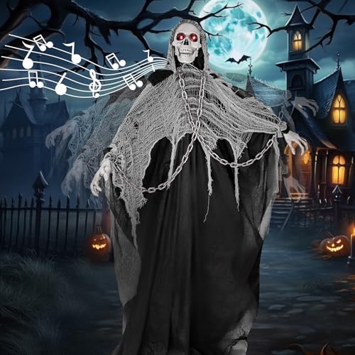 74'' Halloween Outdoor Decorations Prop, Life Size Sound Activated Skeleton Ghost with Adjustable Arms Light Up Eyes Scary Halloween Animatronic for Haunted House Decorations Yard Lawn Decor