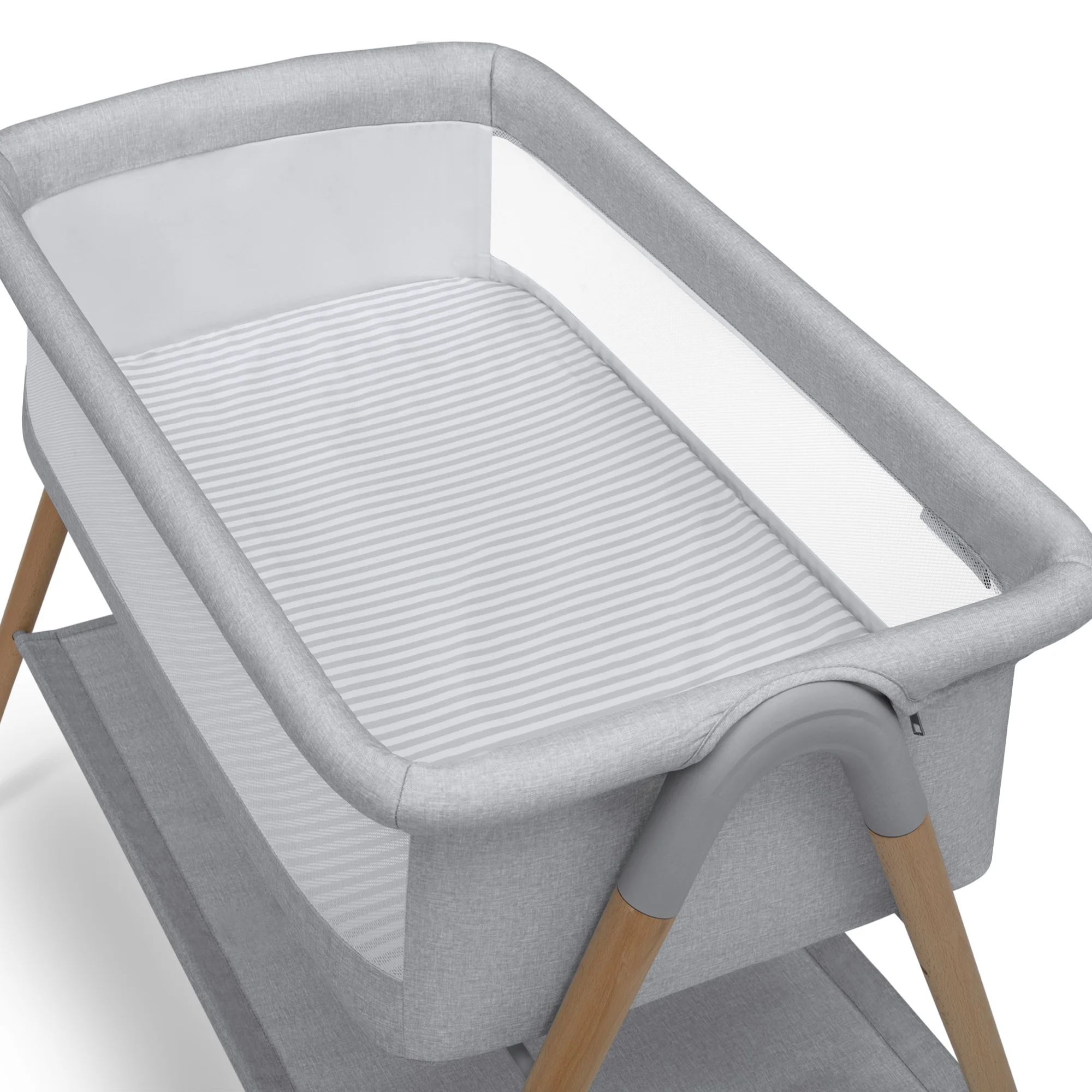 Delta Children Haven Beechwood by the Bed Bassinet with Breathable Mesh and  Natural Beechwood Legs, Grey Stripe