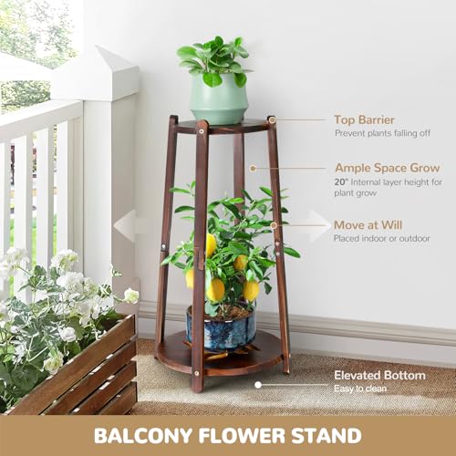 2 Tier Round Bamboo Plant Stands Shelves Indoor 12 Inch,Corner Flower Pot Stands Shelf, Wooden Tall Plant Pedestal Holder Rack for Succulent Catus Display in Living Room Patio Balcony Outdoor