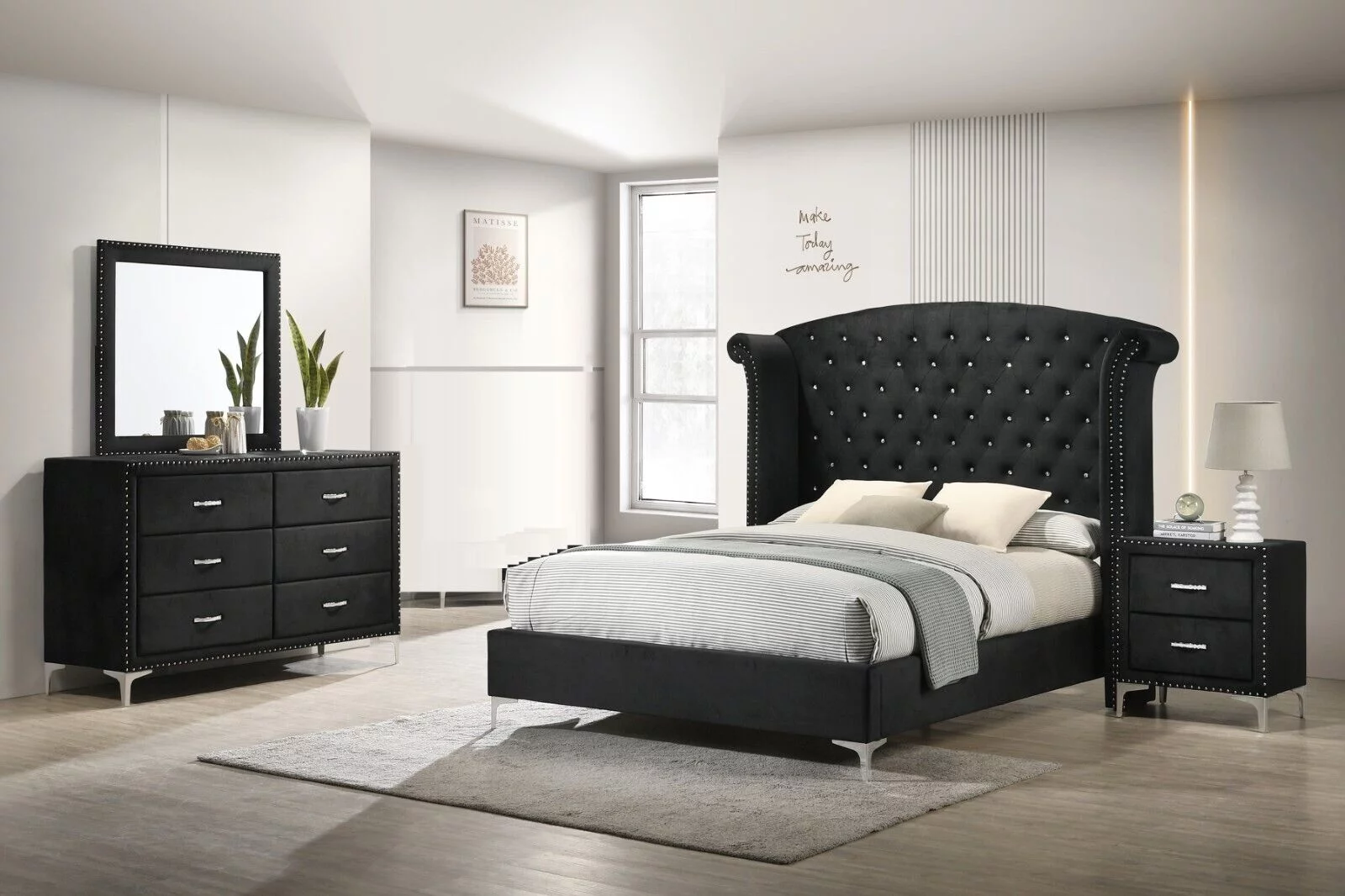 Modern Glamourous Style 5pc Queen Size Bed Dresser Mirror Nightstands Bedroom Set Black Velvet Upholstery Furniture