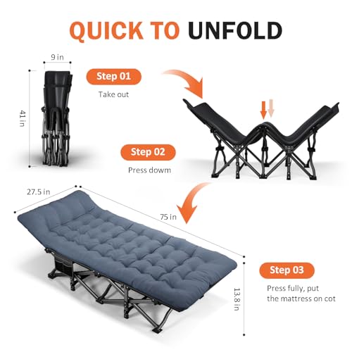 ATORPOK Camping Cot for Adults with Cushion Comfortable, Portable Folding Bed for Sleeping Supports 450 lbs (Gray)