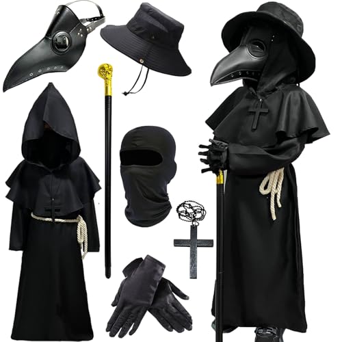 Plague Doctor Costume for Kids 7 in 1 Set Halloween Costumes for Boys Girls Halloween Outfit (Medium-130)