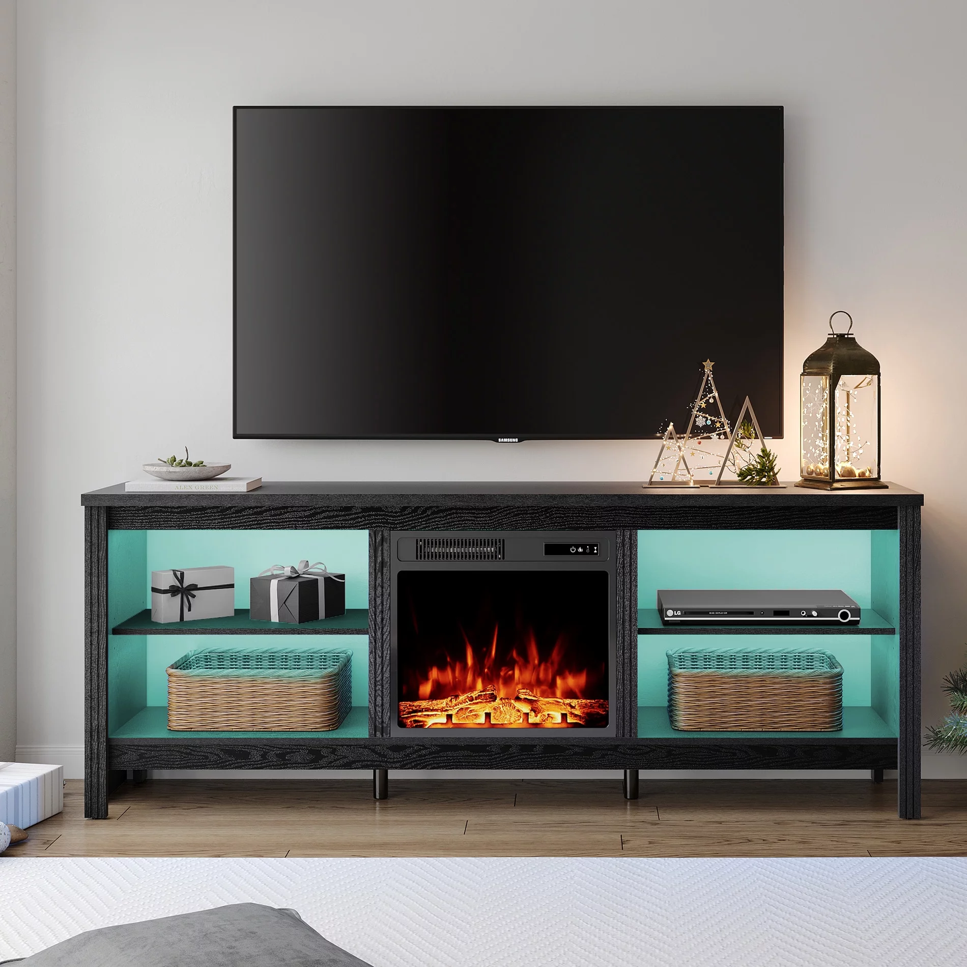 Fireplace TV Stand  for TV's up to 80 Inch with 16 Changable LED Lights, Wood Entertainment Center for 75 inch TV with Electric Fireplace, 70 inch, Black