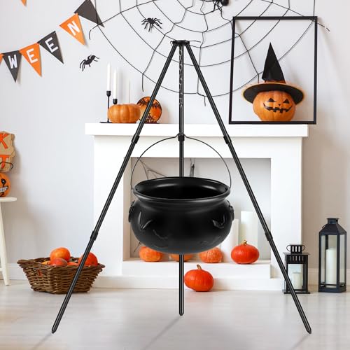 2025 Large Witch Cauldron Halloween Decorations Outdoor, Black Plastic Bowl Decor on Tripod with Lights Halloween Cauldron Pot Witches Cauldron Hocus Pocus Candy Bucket Decoration for Porch Home Party