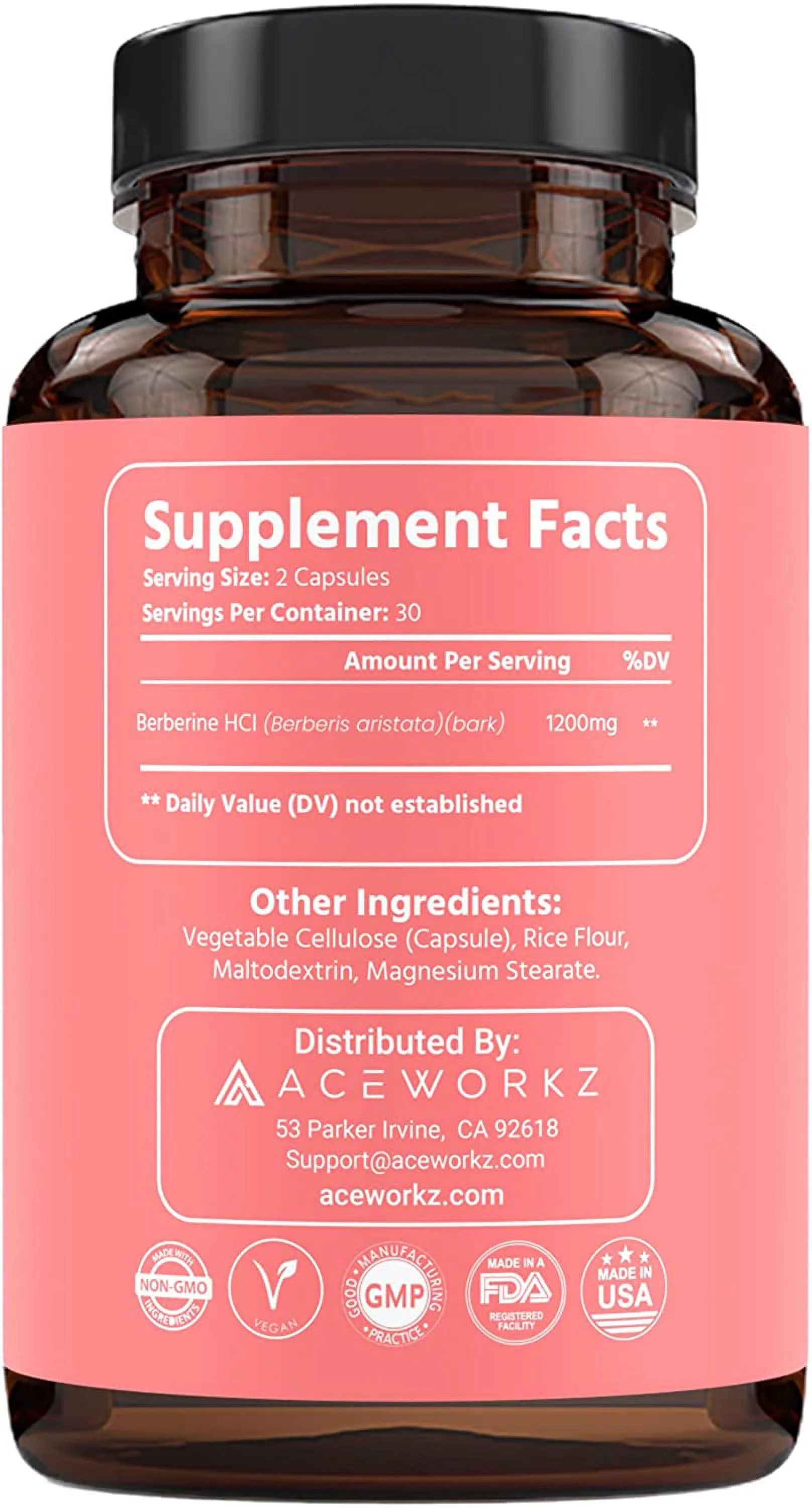 ACEWORKZ Premium Berberine HCL 1200mg - 97% Tested Purity - Blood Sugar, Weight Management, Cardiovascular, Immune Support Supplement