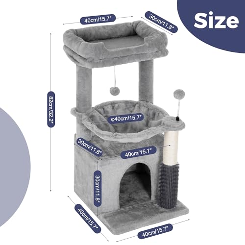 5 in 1 Cat Tree 32 Inches Cat Tower with Self Groomer,15.7”Large Hammock, Fully Scratching Post, Removable Top Perch and Wide Condo for Indoor Cats-Gray
