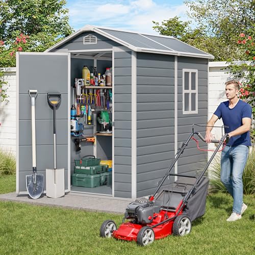 Gizoon 6x4 FT Outdoor Storage Shed with Floor, Resin Garden Tool Shed with Lockable Doors, Window, Vents, Reinforced Steel Frame, Waterproof Plastic Storage Sheds for Backyard, Patio, Lawn