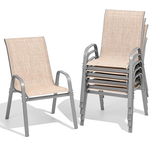 Patio Chairs Set of 4, Easily Set Up Stackable Outdoor Dining Chairs with High Back and Wide Seat, All Weather Breathable Outdoor Chairs Set of 4 with Metal Frame for Backyard Deck Pool, Brown
