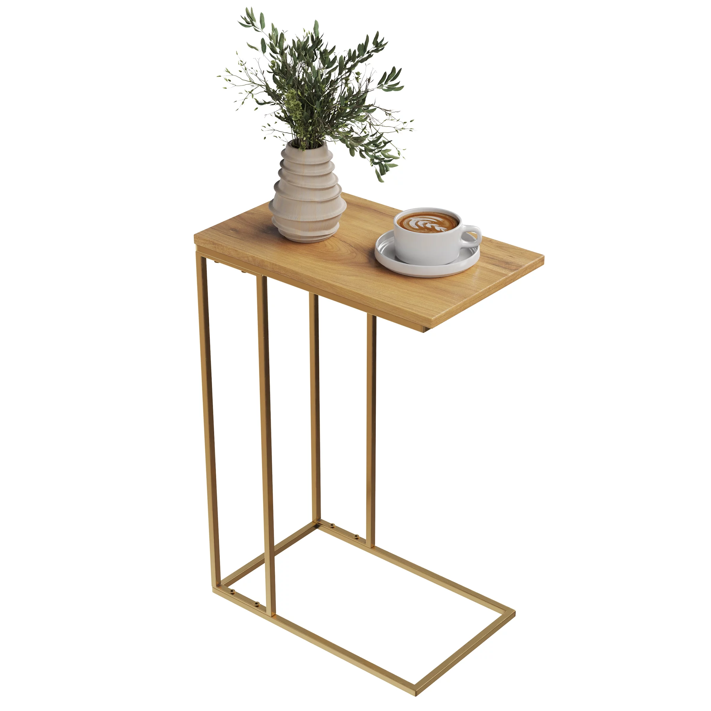 Lavish Home - C-Shaped Mango Wood End Table with Gold Iron Frame