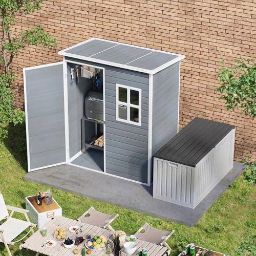 Gizoon 6x4 FT Outdoor Storage Shed with Floor, Resin Garden Tool Shed with Lockable Doors, Window, Vents, Reinforced Steel Frame, Waterproof Plastic Storage Sheds for Backyard, Patio, Lawn