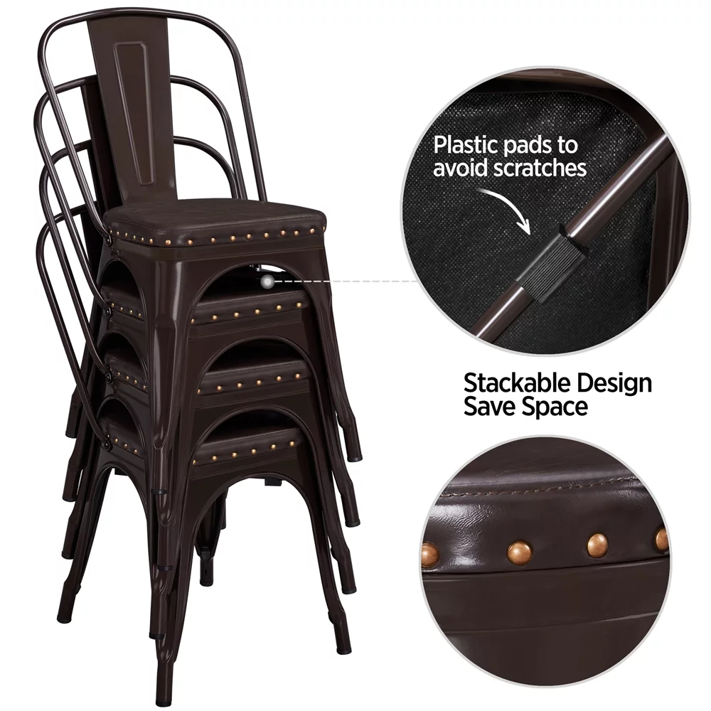 SMILE MART Industrial Metal Studded Dining Chair with Cushion, Set of 4, Brown