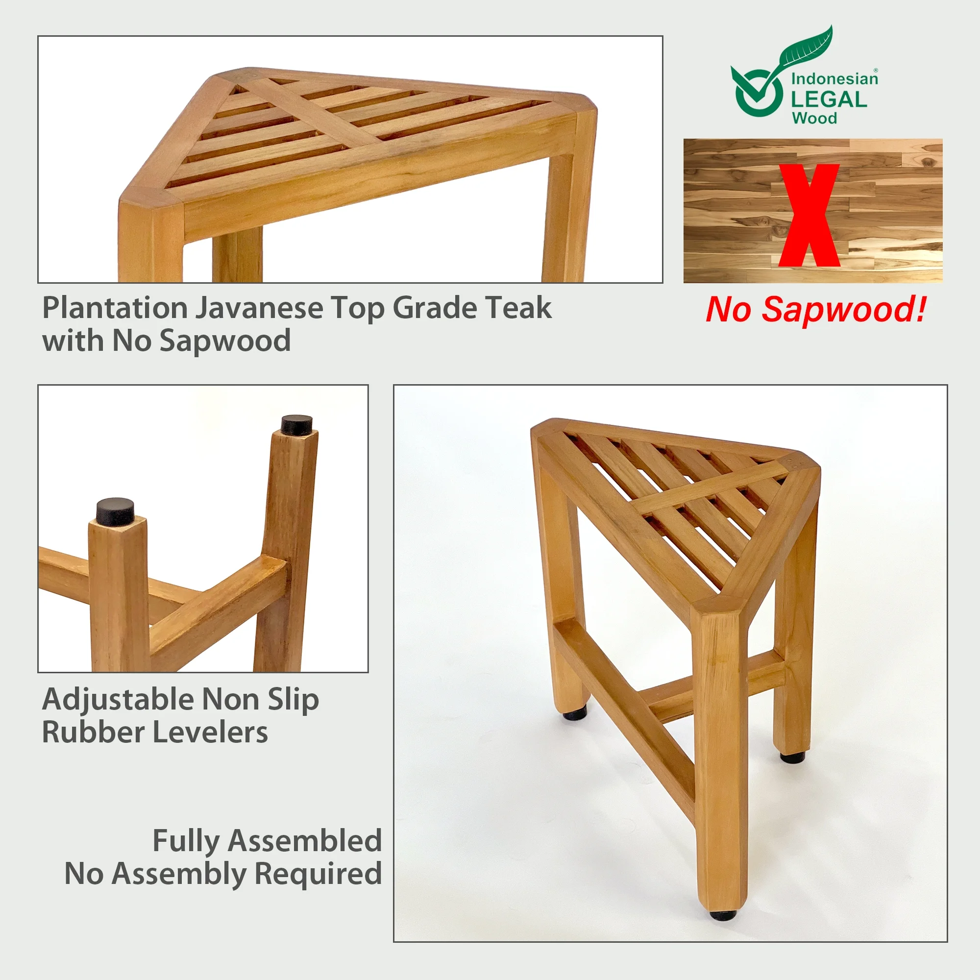 Asta Brio Solid Teak Fully Assembled Shower/Bath/Spa Corner Foot Stool/Side Table, SPATEAK Collection, TB-008