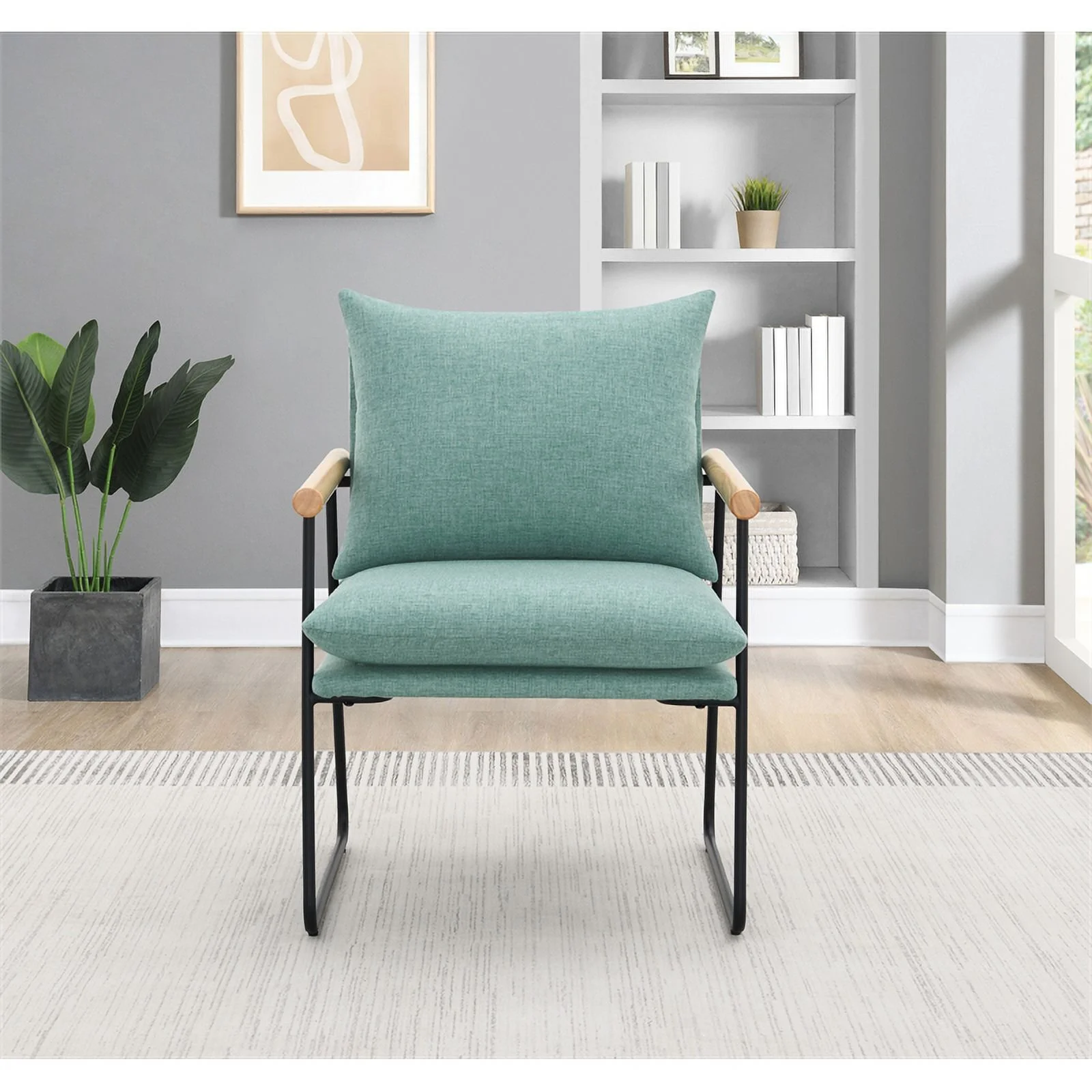 Dutton Armchair in Sage Green Fabric with Natural Arms and Black Sled Base