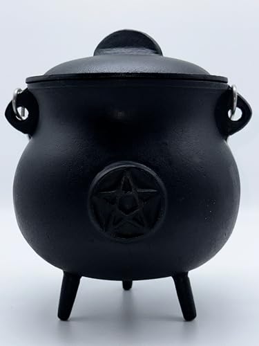X-Large Pentacle Cast Iron Cauldron with Lid and Handle, 7.5