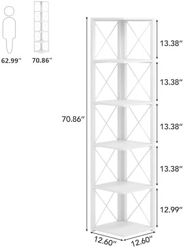 HJZUINIUNIU 6-Tier Corner   70.8 Inch Tall White Corner Bookshelf  Etagere Bookcase for Living Room  Corner Display Rack Plant  for Home Kitchen Small Space (White)