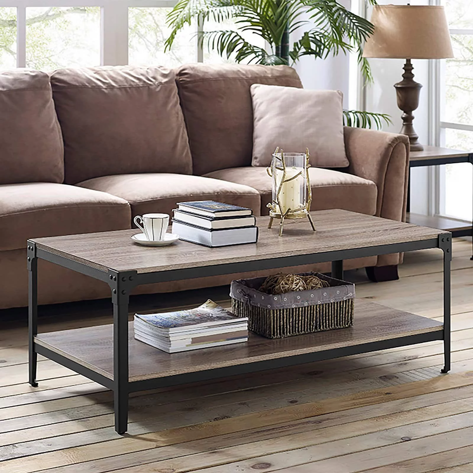 Angle Iron Rustic Metal and Wood Coffee Table in Gray Wash