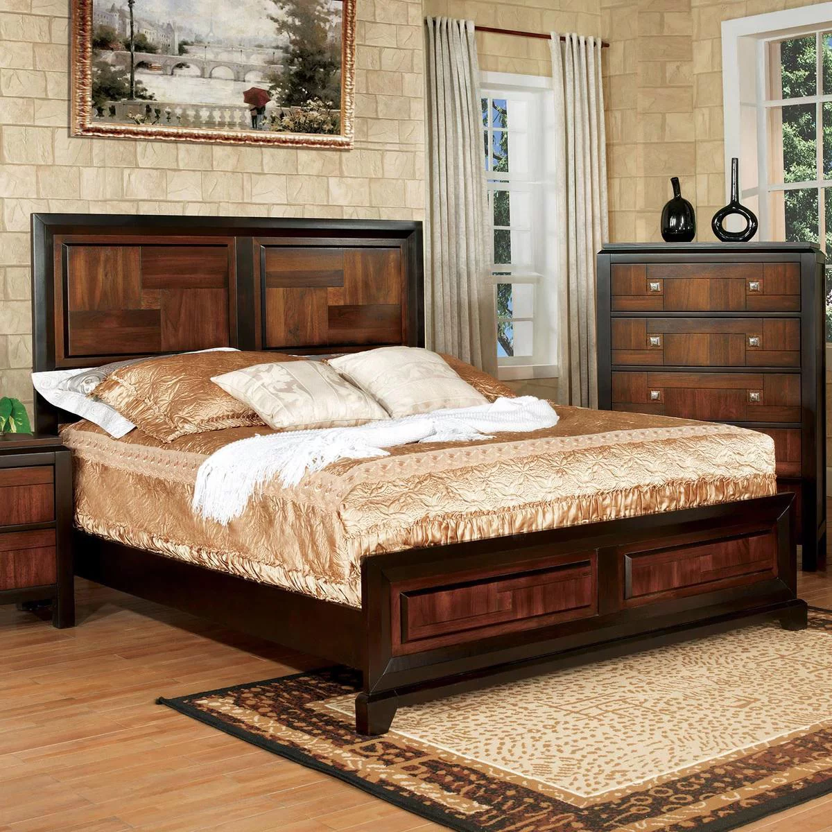 Acacia & Walnut Solid Wood Full Bedroom Set 5pcs FOA CM7152-F Patra