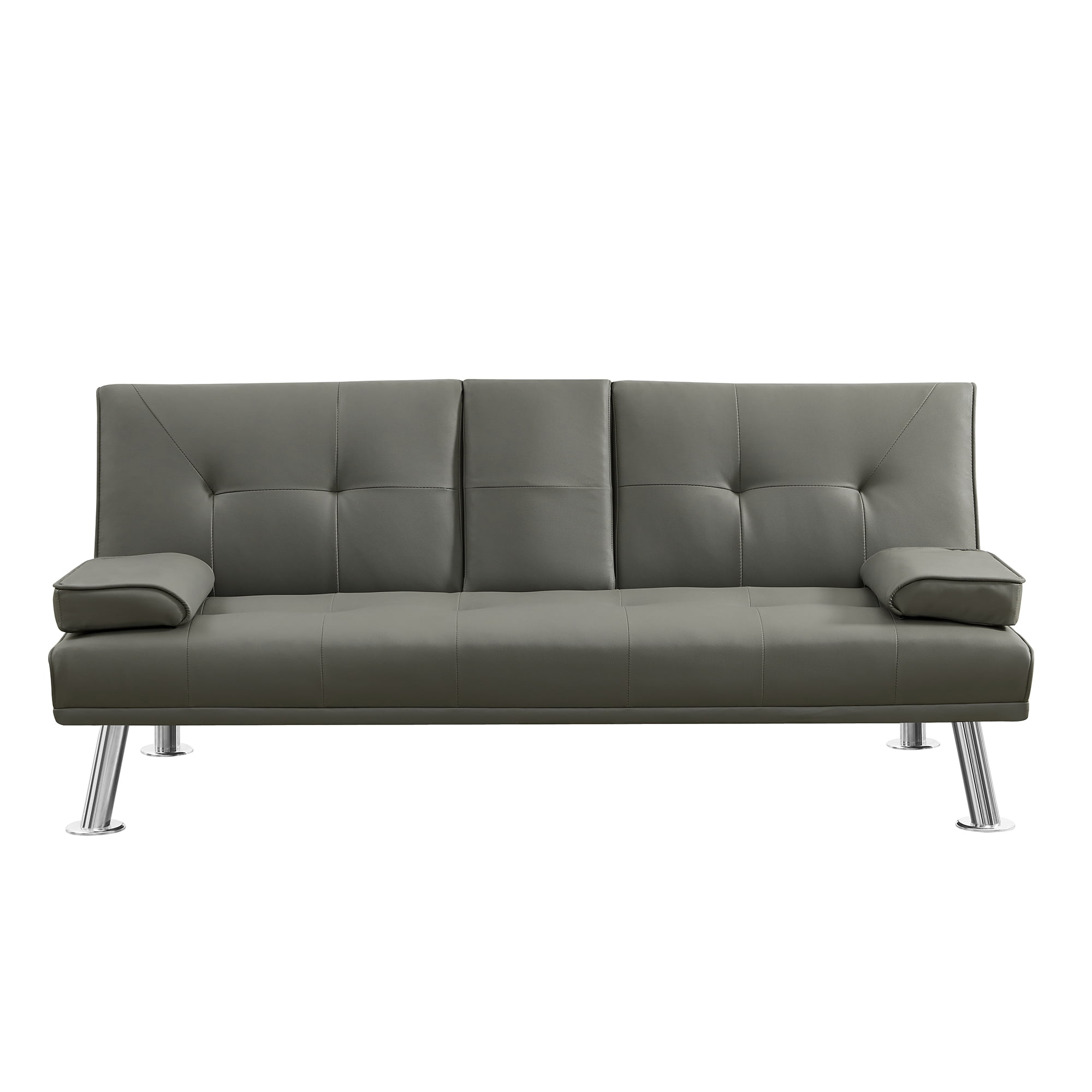 Gray Faux Leather Loveseat Sofa Bed with Cup Holders , Convertible Folding Sleeper Couch Bed