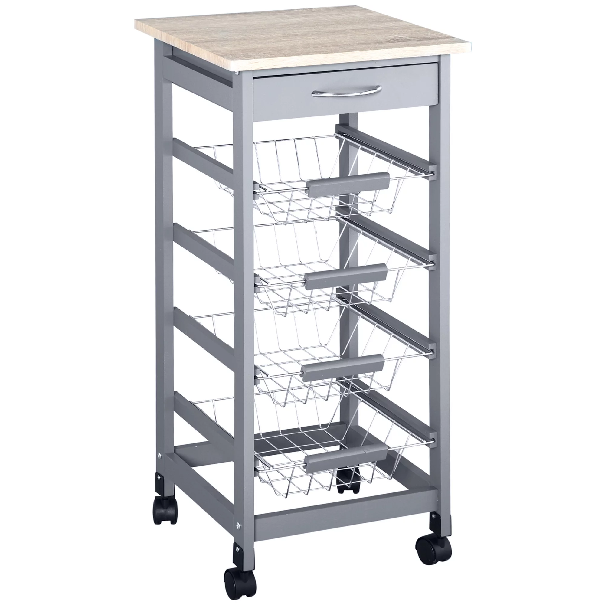 HOMCOM Compact Kitchen Cart, Rolling Kitchen Island with Storage, Solid Wood Frame Utility Cart with 4 Wire Fruit Baskets and Drawer, Gray