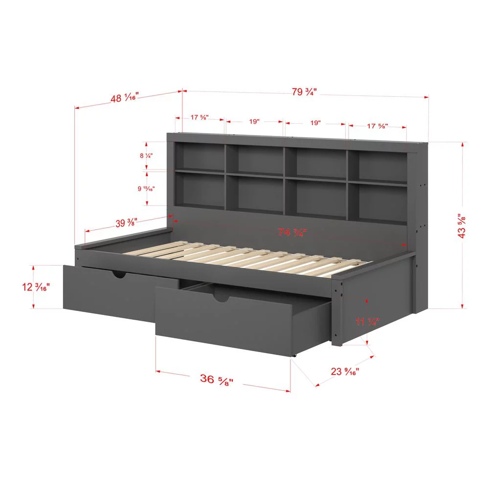 Twin Bookcase Day Bed in Dark Grey
