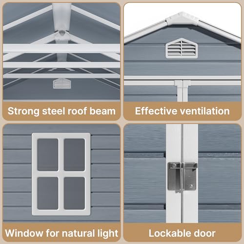 Gizoon 6x4 FT Outdoor Storage Shed with Floor, Resin Garden Tool Shed with Lockable Doors, Window, Vents, Reinforced Steel Frame, Waterproof Plastic Storage Sheds for Backyard, Patio, Lawn