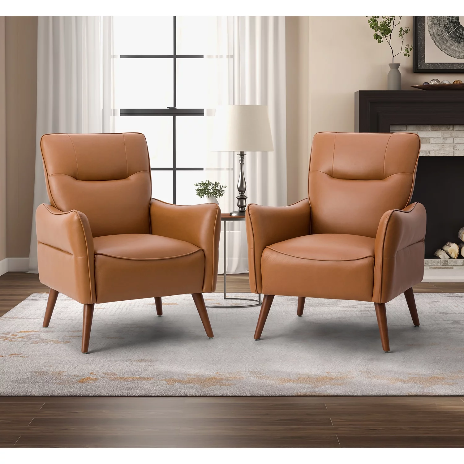 Faux Leather Upholstered Accent Chair Set of 2 Tufted Armchair Lounge Sofa Wood Legs Living Room Office Camel