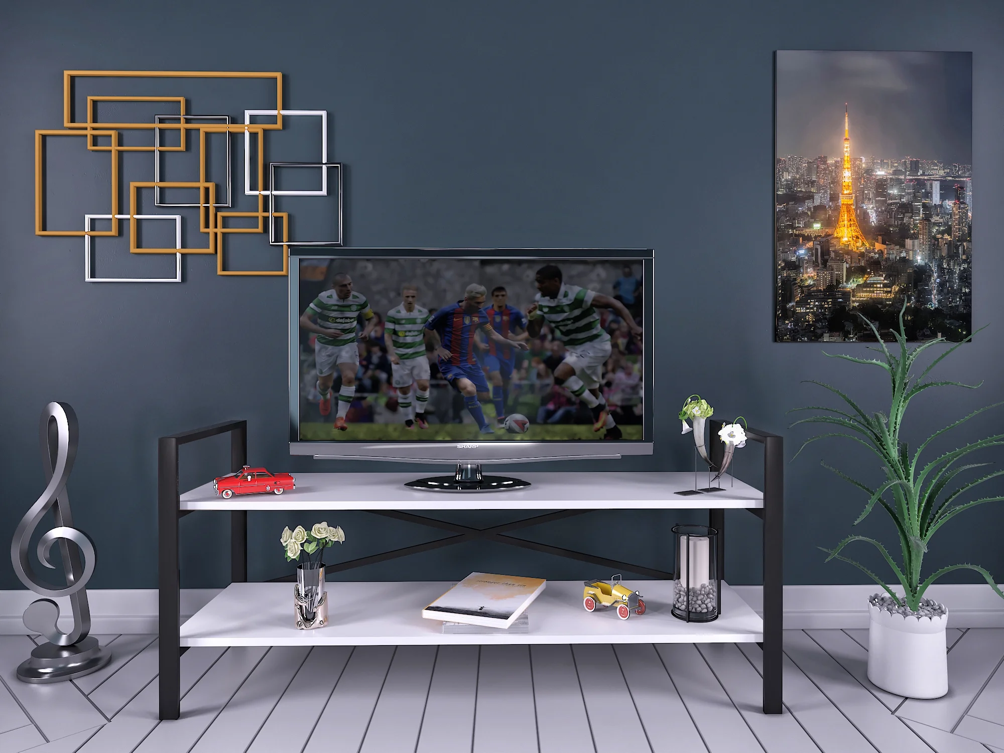 Ikranirs Modern Metal Frame Tv Stand, Wood base with Shelf Tv unit, White