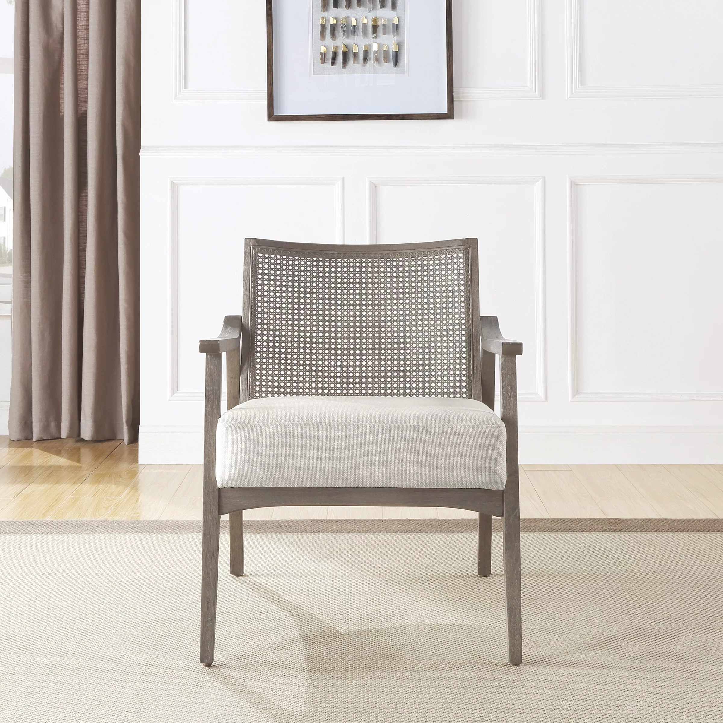 Lantana Arm Chair in Linen Cream Fabric and Gray Rustic Finish
