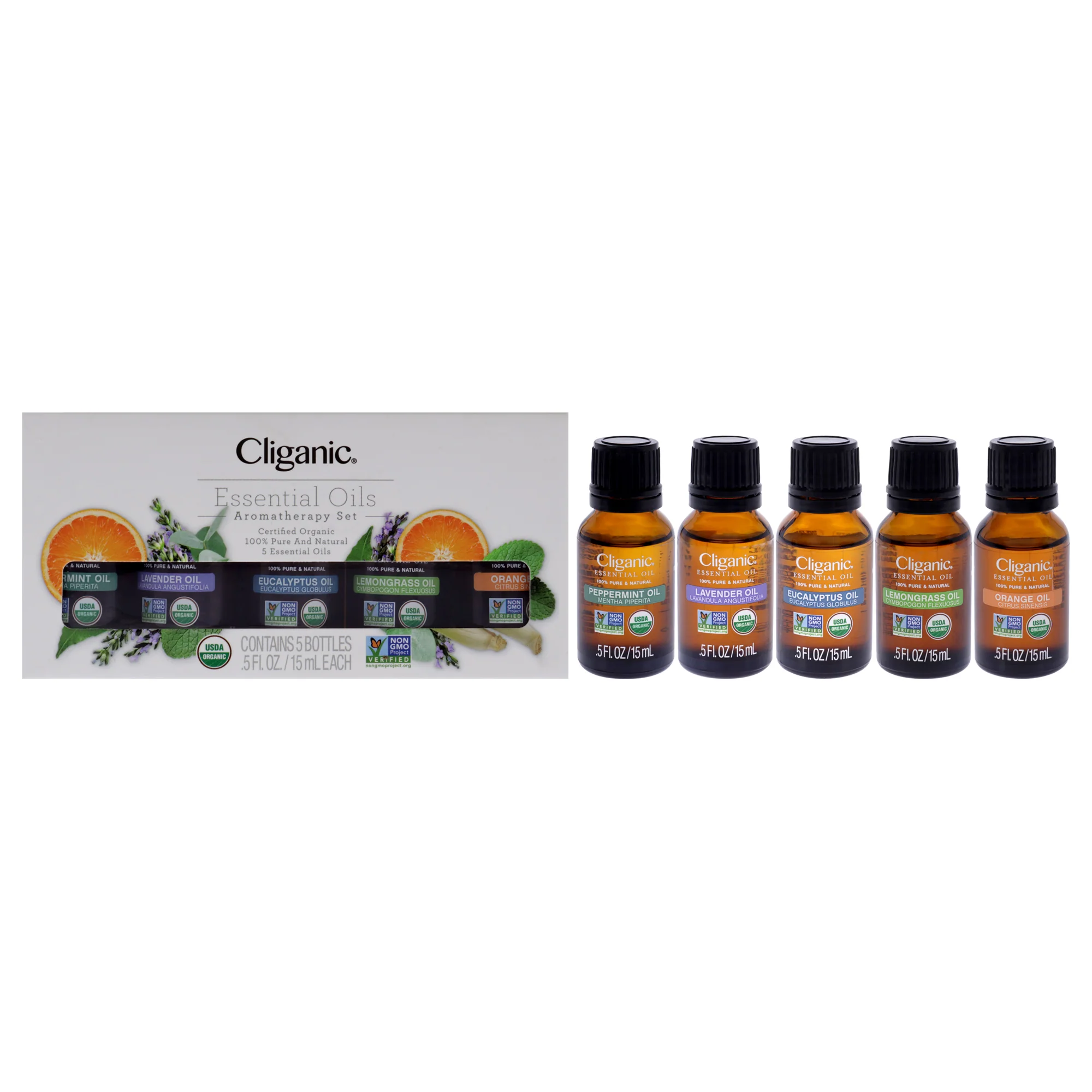 Cliganic Organic Aromatherapy Set by Cliganic for Unisex - 5 Pc 0.5oz Oil - Peppermint, 0.5oz Oil - Lavender, 0.5oz Oil - Eucalyptus, 0.5oz Oil - Lemongrass, 0.5oz Oil - Orange