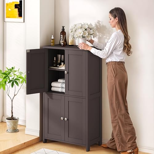 Nuturelly Freestanding Pantry Cabinets, Kitchen Floor Storage Cabinet with 4 Doors & 3 Adjustable Heights, Bathroom Organizers and Storage with Metal Handles, Waterproof Board, Brown