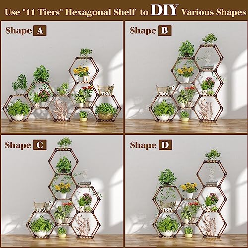 Tikea Plant Stand Indoor Hexagonal Plant Stand for Multiple Plants Indoor Outdoor Large Wooden Plant Shelf Creative DIY 6 Tiered Flowers Stand Rack for Living Room Balcony Patio Window