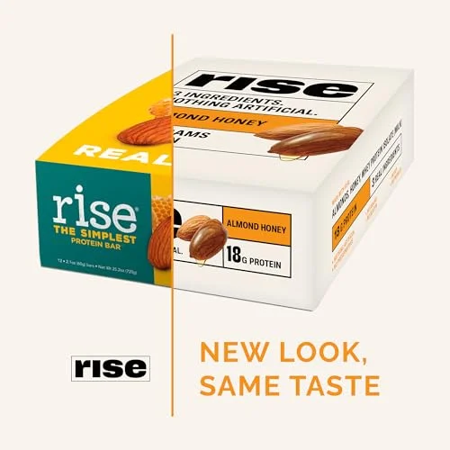 Rise Whey Protein Bars - Almond Honey | Healthy Breakfast Bar & Protein Snacks, 20g Protein, 4g Fiber, Just 3 Whole Food Ingredients, Non-GMO Healthy Snacks, Gluten-Free, Soy Free Bar, 12 Pack