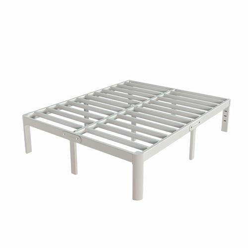 White Bed Frame Queen Size 12 Inch, Metal Queen Bed Frame No Box Spring Needed, Heavy Duty Steel Support 3500 LBS, DIY Headboard, Noiseless, Round Corner Legs, Storage Space, Easy Assembly
