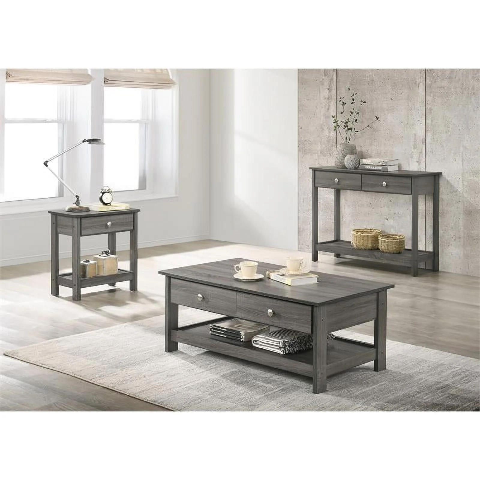 Bowery Hill Transitional 3-Piece Wood Coffee Table Set in Gray