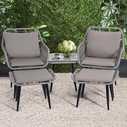 5 Piece Wicker Bistro Patio Conversation Furniture Set, Includes 2 Chairs, 2 Ottomans, and Side Table, Ideal for Porch, Balcony, Deck, Backyard, Natural
