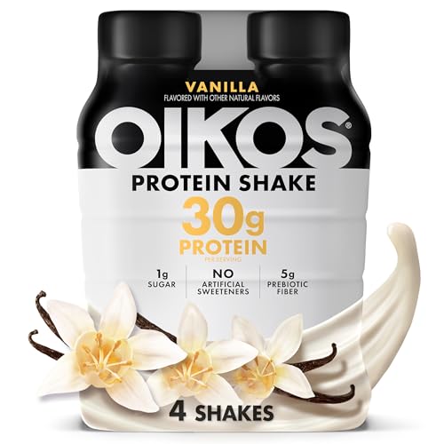 Oikos Protein Shake, Salted Caramel, 30g High Protein Drinks, Shelf Stable, Ready to Drink, 5g Prebiotic Fiber, 12 fl oz Bottle, 12 Count