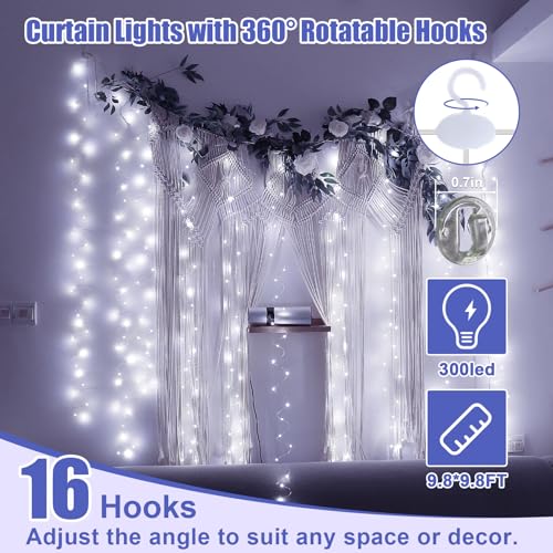 600LED Curtain Lights for Bedroom, 19.6ft x 9.8ft Fairy Curtain String Light with 24 Hooks, 8 Modes Hanging Lights for Wedding, Party, Backdrop, Window, Xmas Decor, Warm White