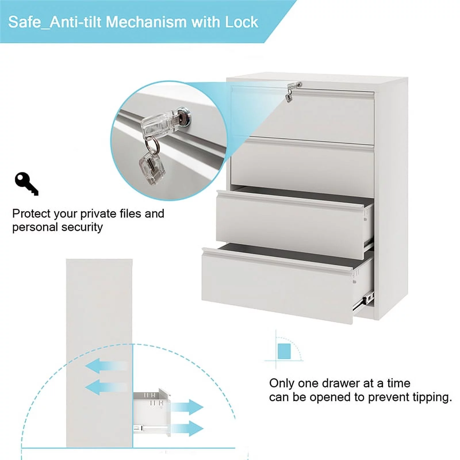 GangMei 4-Drawer Steel Metal Lateral Filing Cabinet with Lock in White
