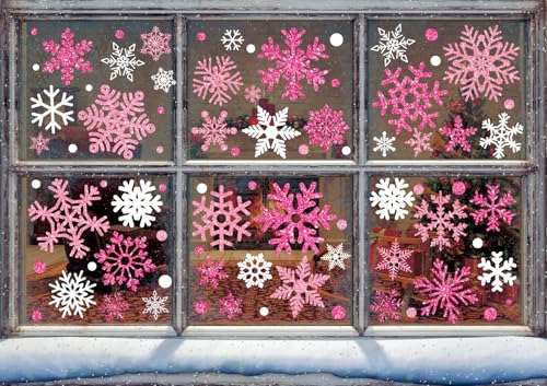 Whaline 9 Sheet Glitter Snowflake Winter Window Clings Christmas Blue White Snowflake Reusable Window Decals for Xmas Holiday Home School Office Glass Decor
