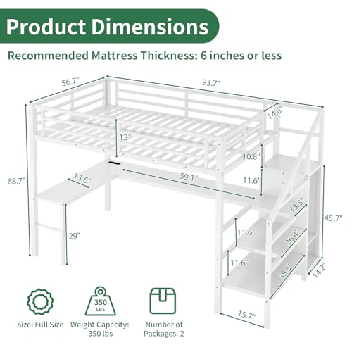 Queen Size Metal Loft Bed with L Shaped Desk and Wardrobe, Heavy Duty Loft Bed Frame with Storage Stairs, High Loft Bed Frame with LED, Charging Station & Safety Guard for Kids Teens Girls Boys