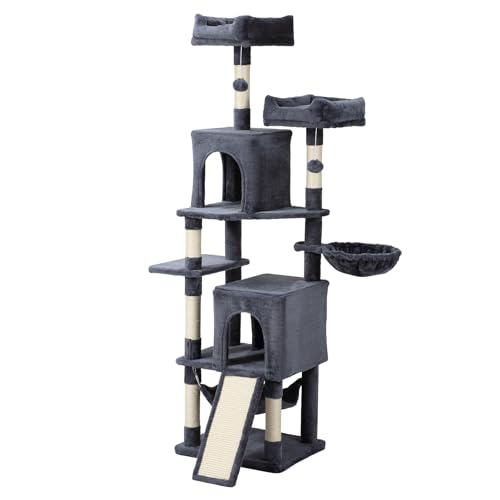 Cat Tree, 70-Inch Cat Tree Tower with Hammock, Scratching Post, Condo and Multi-Level Cat Tower, Large Cat Activity Center Playhouse, Light Gray LCT015