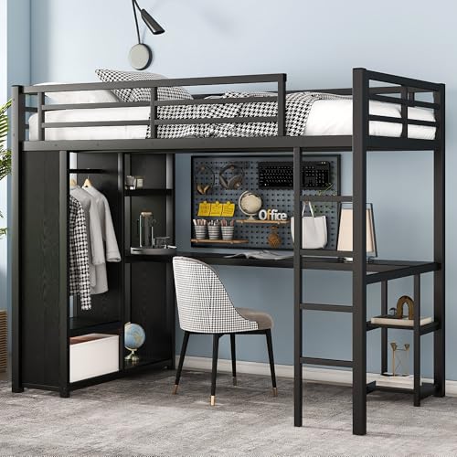 SOFTSEA Twin XL Loft Bed with Desk & Wardrobe, Heavy Duty Metal Loft Bed with L-Shaped Desk, Storage Shelves and Open Wardrobe, Space-Saving Bed with Guardrail for Kids Teens Boys Girls, Black