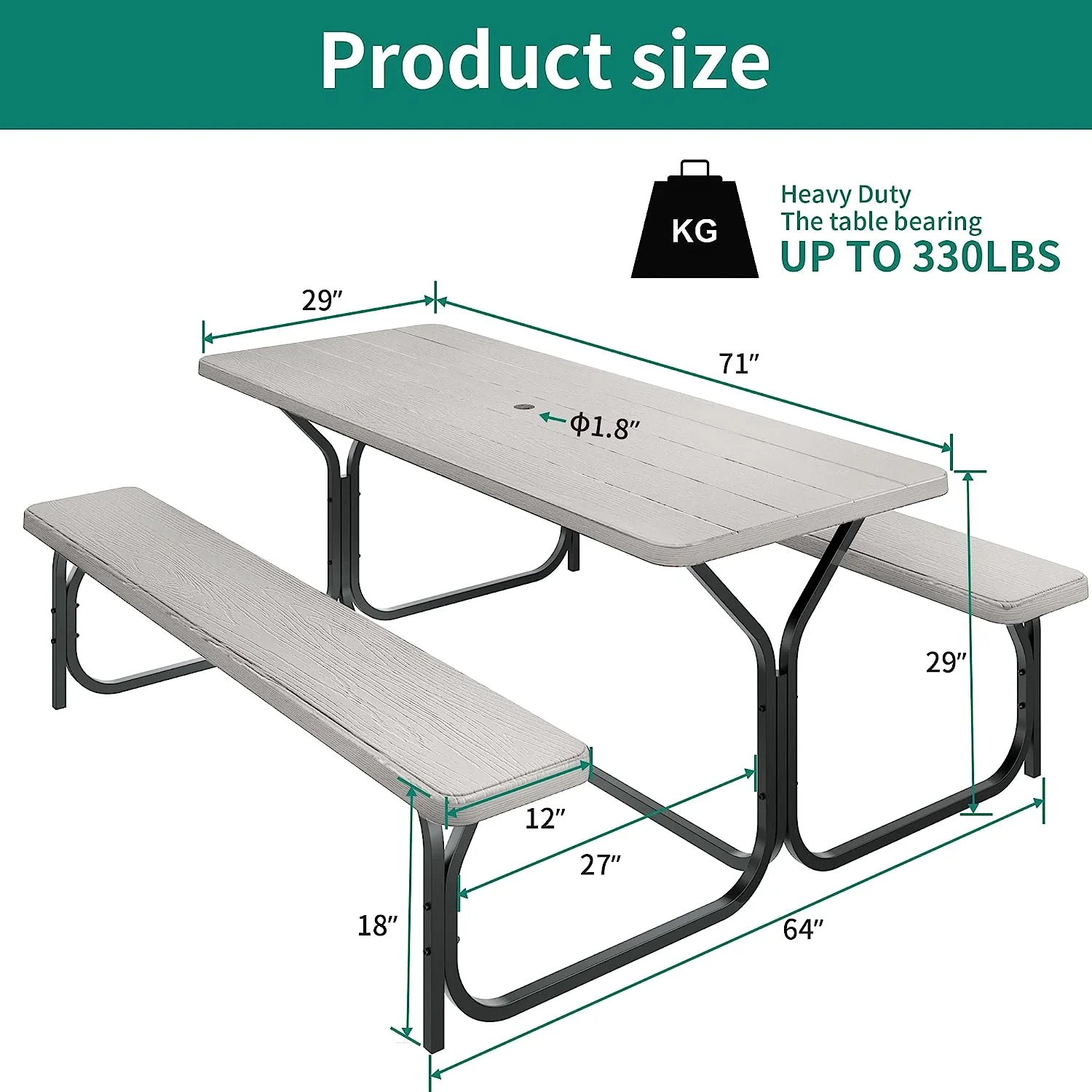 Dextrus Picnic Table Bench Set 6 ft Outdoor Camping with Stable Steel Frame & Wooden Texture Tabletop Weather Resistant w/Umbrella Hole - Light Gray
