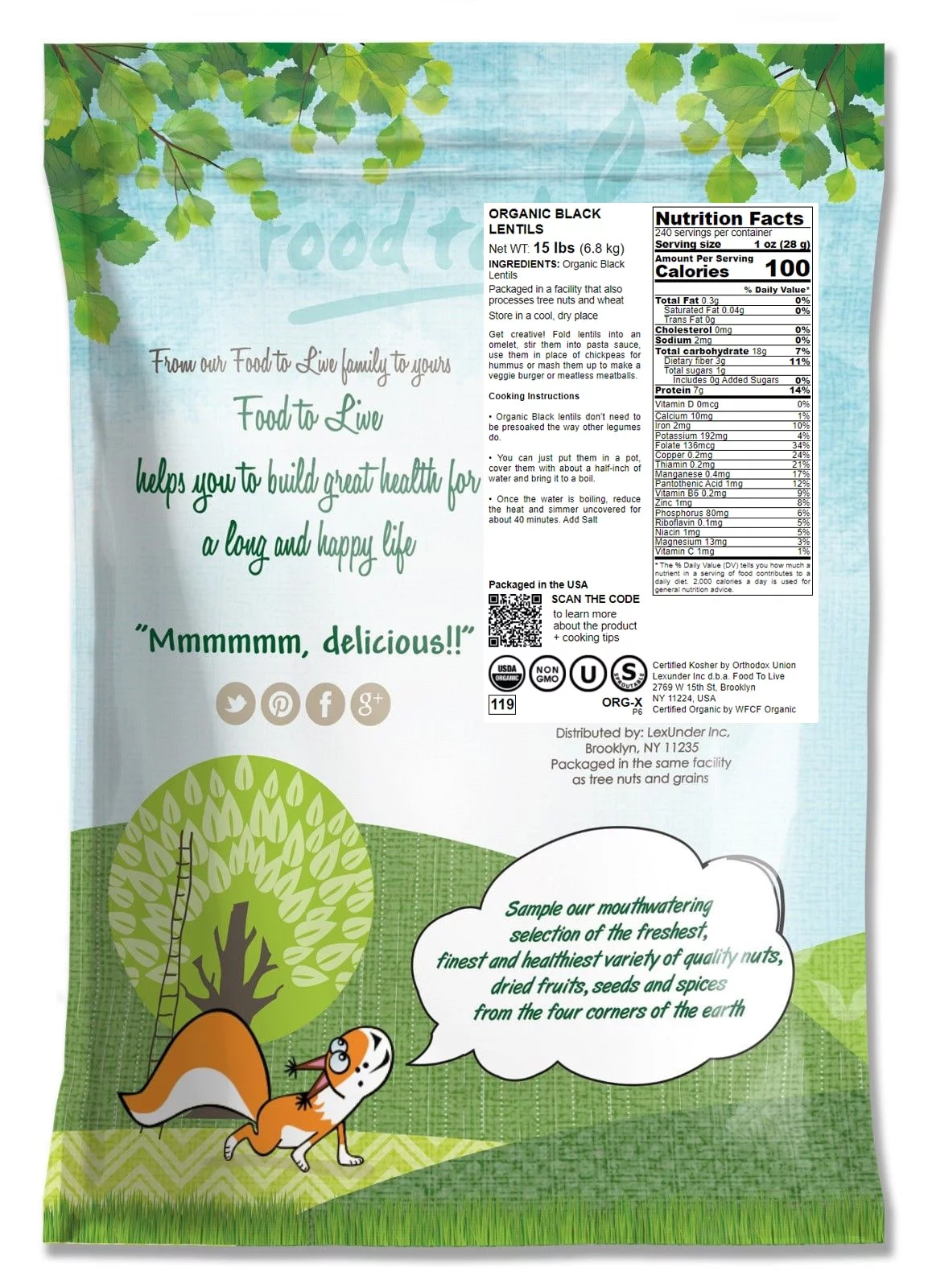 Organic Black Lentils, 15 Pounds — Non-GMO, Kosher, Raw, Vegan, Sproutable — by Food to Live