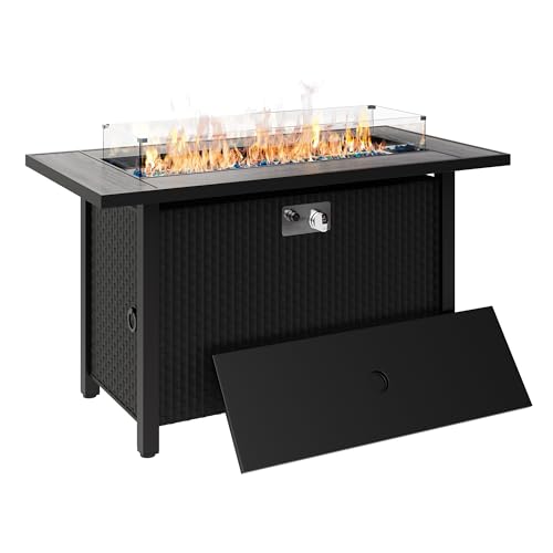 Walsunny 45 inch Outdoor Propane Fire Pit 50,000 BTU Gas Fire Pit Table with Lid, Lava Rock, Waterproof Cover, Rectangle Gas Firepit Table for Garden/Patio, CSA Certification